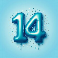 balloon in a shape of number 14 on blue background for birthday celebration