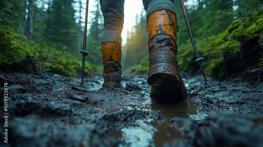 Poster A hiker makes their way through a muddy path in the forest, surrounded by towering trees and vibrant greenery as the sun sets, creating a warm glow.
