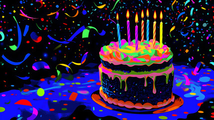 un pastel de colores neon con velas y decoraciones coloridas y futuristas con confeti y...