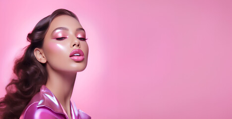 girl with dark curly hair, bright pink make-up, pink lips, pink background, glass skin effect, glowing skin, highlighter, trendy, banner