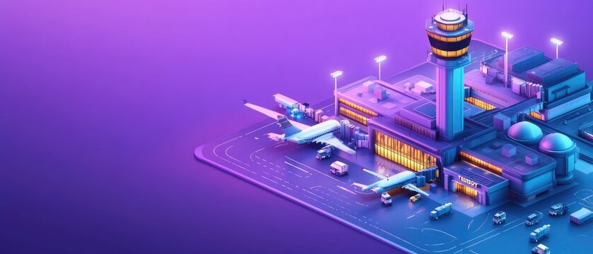 Isometric 3D Illustration of an Airport Terminal with Planes, Control Tower, and Vehicles.