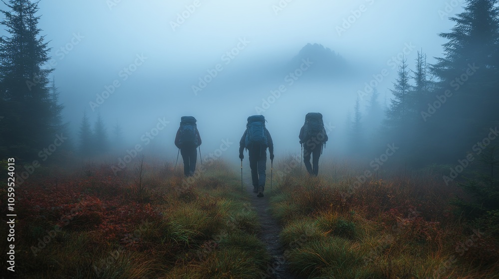 Poster a group of three hikers ventures along a misty trail in a dense forest during the early morning hour