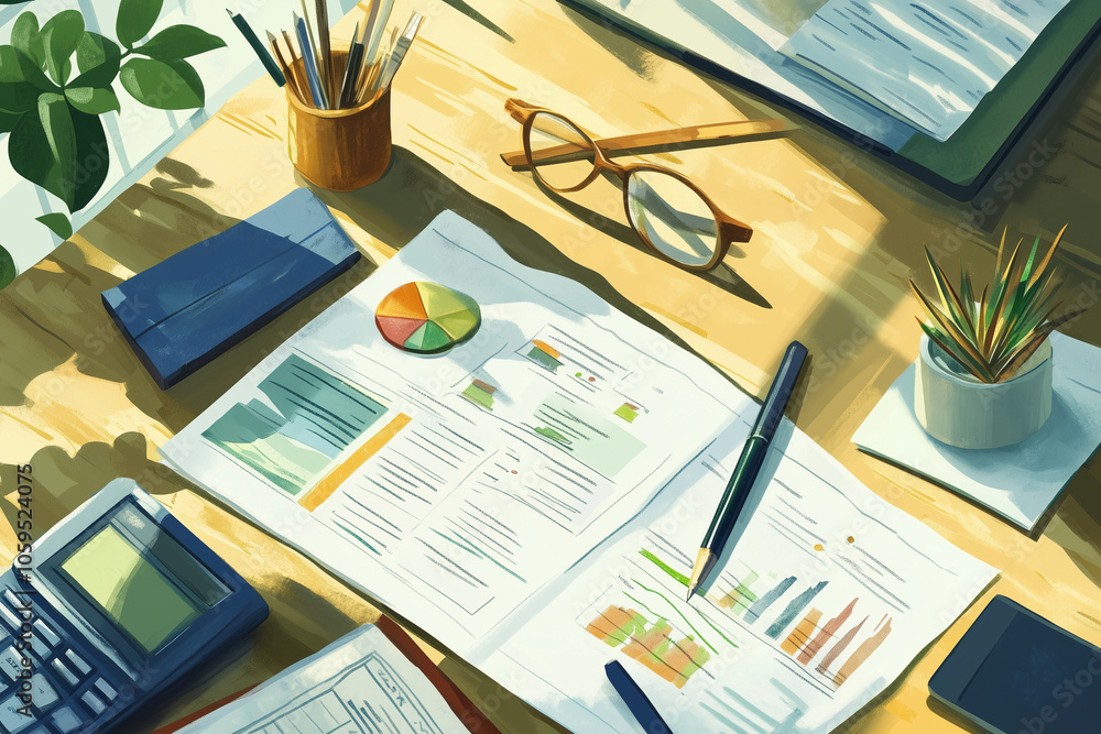 Poster table with a bunch of graphs and a pen. the graphs are colorful and the pen is on the left side of t