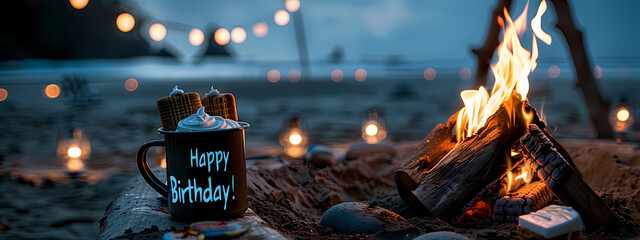A cozy beach birthday celebration featuring a campfire with bright flames, a 'Happy Birthday!' mug, and lanterns lighting the serene atmosphere.