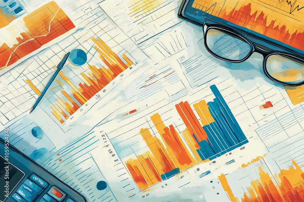 Poster table with a bunch of graphs and a pen. the graphs are colorful and the pen is on the left side of t