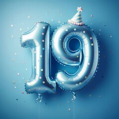 balloon in a shape of number 19 on blue background for birthday celebration
