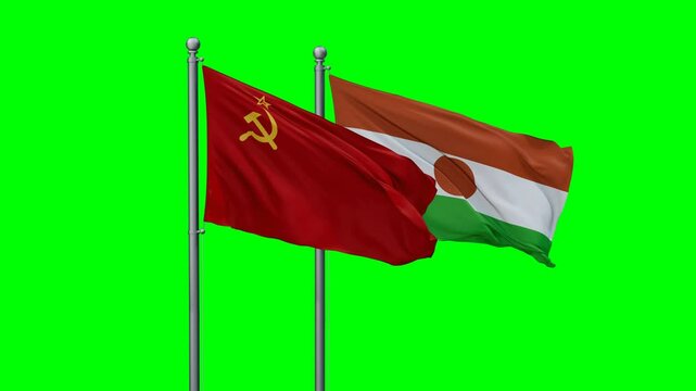 Niger and Soviet Union flags flying together, video concept of the relationship with colored chroma key for easy background remove