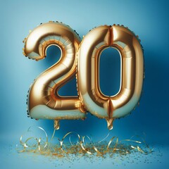 balloon in a shape of number 20 on blue background for birthday celebration