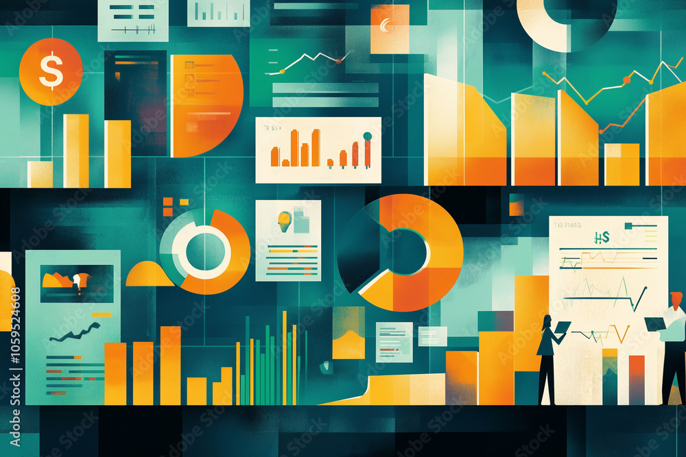 Poster colorful image of graphs and charts with a woman and a man standing in front of it. scene is that of