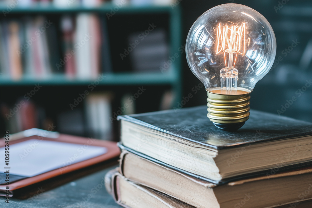 Poster light bulb is on top of a stack of books. the light bulb is glowing and the books are stacked on top