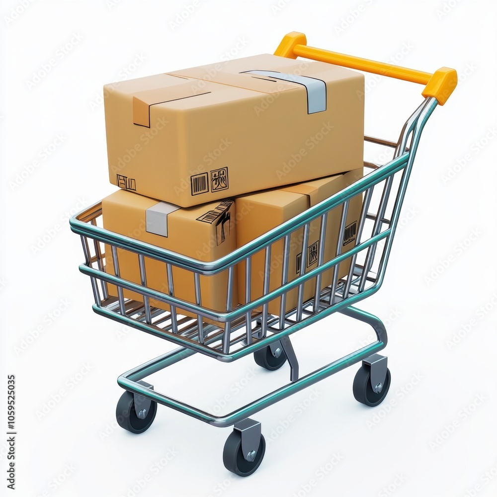 Poster stack of cardboard boxes in a shopping cart on a light background.