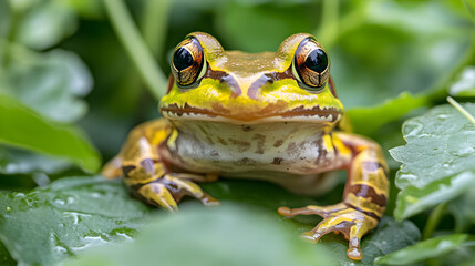 Obraz premium acercamiento de una rana amarilla sobre hojas de plantas dentro de la selva belleza en la naturaleza y la vida salvaje
