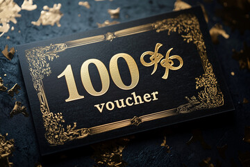 100 dollar voucher is shown on a black background. The image has a luxurious and elegant feel to it, with the gold embossing on the paper and the black background