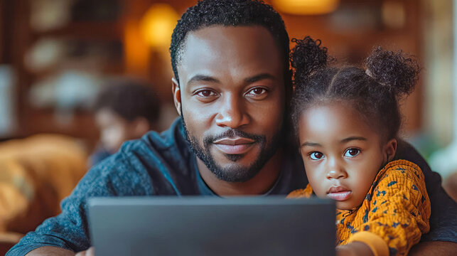 African-American man working on laptop with his daughter beside him, depicting family bonding and modern work-from-home life