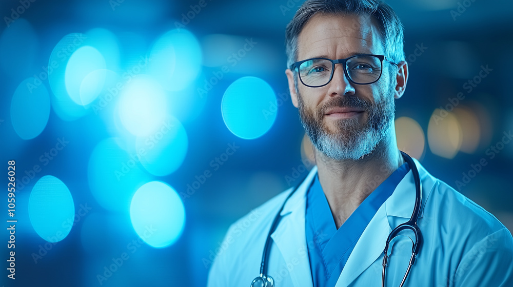 Poster doctor in white coat with stethoscope, smiling confidently in clinical setting. background features 