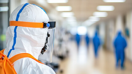 healthcare worker in protective gear observes hospital corridor, emphasizing safety and vigilance in medical environment