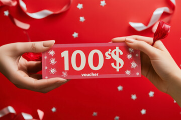  person is holding a red 100 dollar voucher. Concept of generosity and excitement, as the person is offering the voucher to someone else. The red color of the voucher