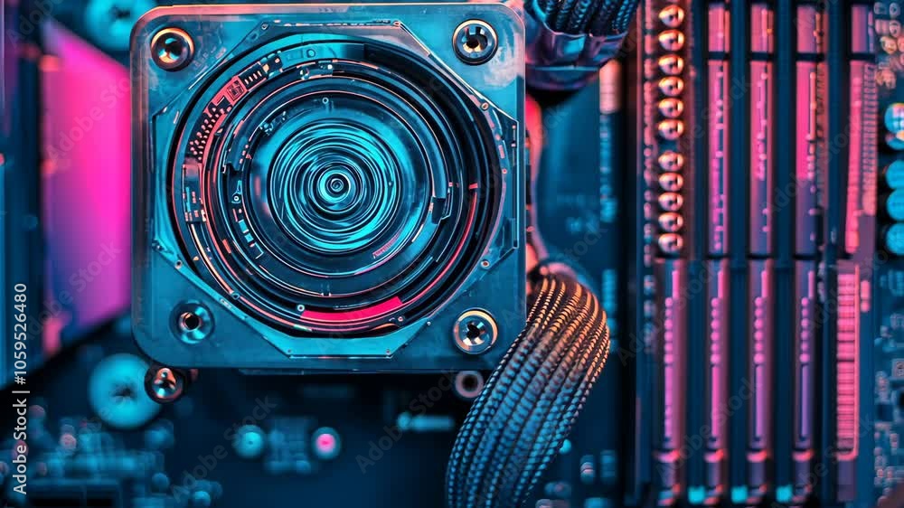 Poster a detailed image of a computer's cooling system, featuring a large, circular fan with multiple intri