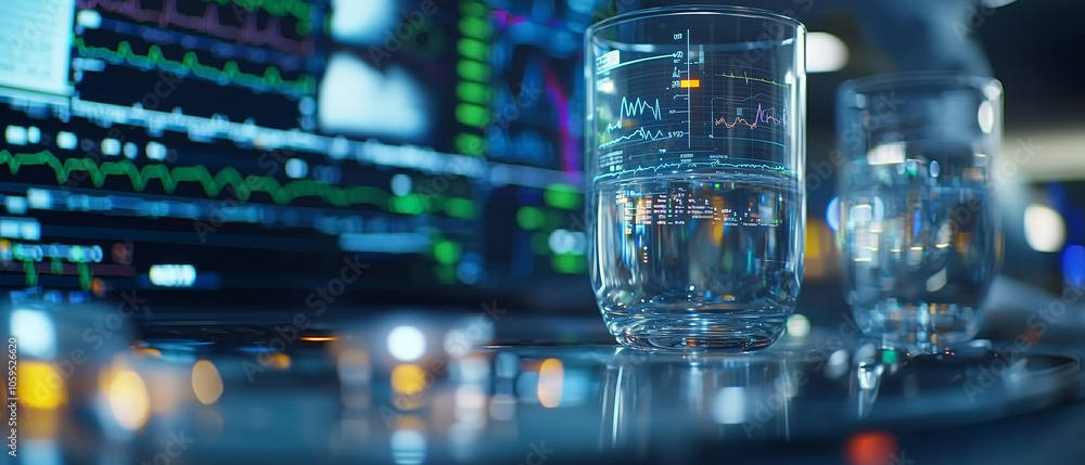 Poster close up view of glasses filled with water on medical table, surrounded by advanced monitoring equip