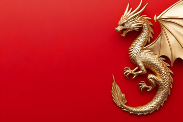 Obraz premium Golden dragon sculpture on a vibrant red background, highlighting its intricate design