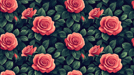 Fototapeta premium Seamless pattern featuring vintage roses surrounded by delicate leaves ideal for floral wallpaper and fabric design