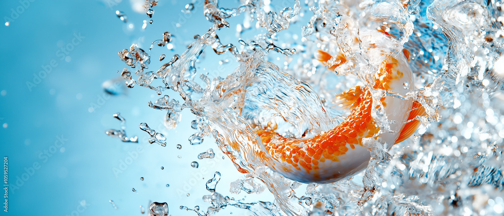 Poster vibrant koi fish splashes through clear water, creating dynamic waves and droplets. scene captures beauty of aquatic life and movement in serene environment