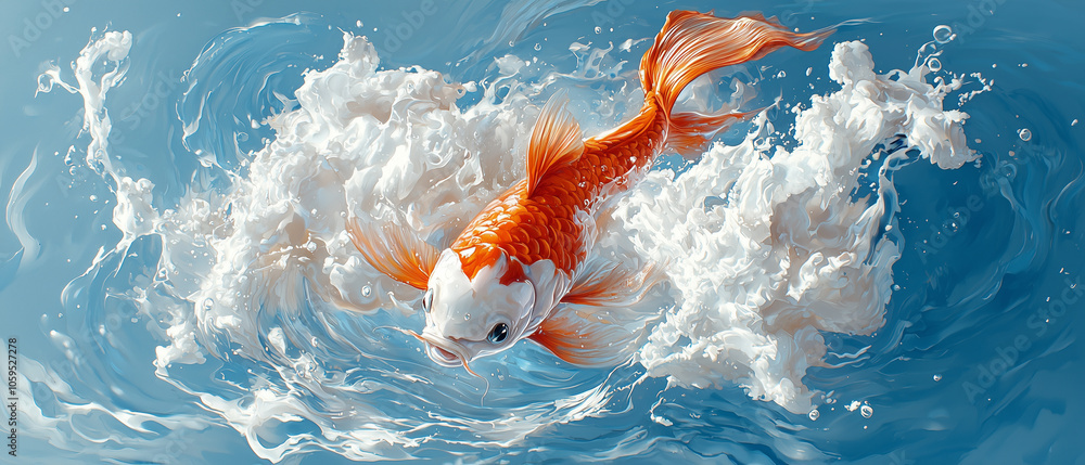 Poster vibrant orange koi fish swimming dynamically through splashing water, creating lively scene filled w