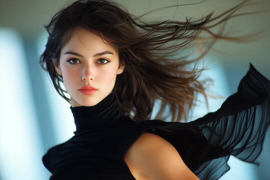 Dynamic model with flowing hair in studio setting, showcasing beauty and elegance. soft lighting enhances graceful pose and fabric movement