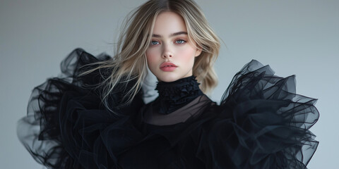 Naklejka premium model in dramatic black ruffled dress poses gracefully in studio setting, showcasing elegance and beauty. Her expression is captivating and confident