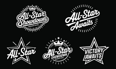 All-Star Showdown Graphic Collection – Dynamic Tournament Edition Designs Perfect for Sports Apparel, Featuring Stylish Logos Like ‘All-Star Awaits’ and ‘Victory Awaits’, Ready to Print for Champions