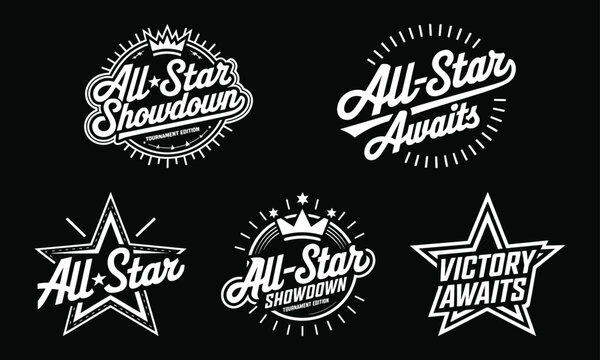 All-Star Showdown Graphic Collection &ndash; Dynamic Tournament Edition Designs Perfect for Sports Apparel, Featuring Stylish Logos Like &lsquo;All-Star Awaits&rsquo; and &lsquo;Victory Awaits&rsquo;, Ready to Print for Champions