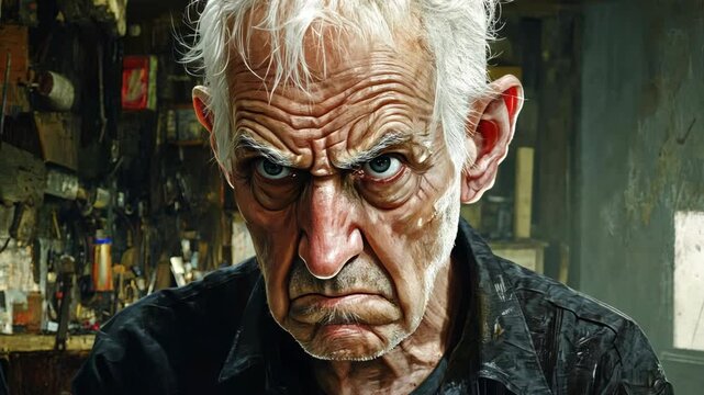 An older man with white hair stares intensely at the camera with a stern expression