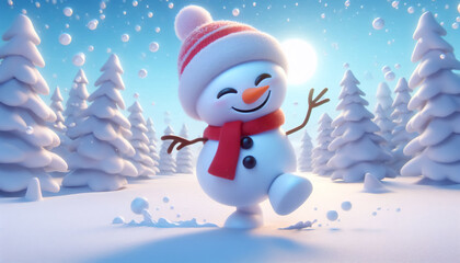 Obraz premium Funny cartoon of clumsy snowman on snowy background. Time to celebrate Christmas