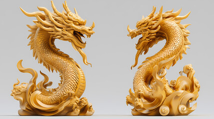Fototapeta premium Golden chinese dragon sculpture on a white background. Horned Guardian Beast. Illustration