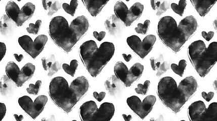 Fototapeta premium Seamless pattern of black heart shapes created with watercolor brush strokes ink sketch hand drawn design perfect for fabric and wallpaper prints