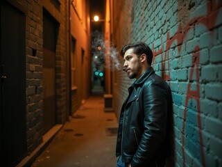Fototapeta premium Stylish Young Man Exhaling Smoke in Urban Alley at Night