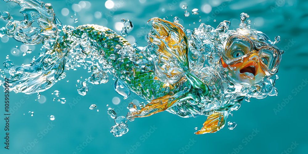 Poster vibrant underwater scene featuring mermaid with goggles swimming through bubbles and water. dynamic pose captures sense of movement and adventure