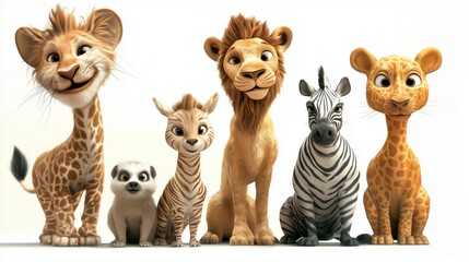A cheerful group of animated wild animals posing together in a playful manner.