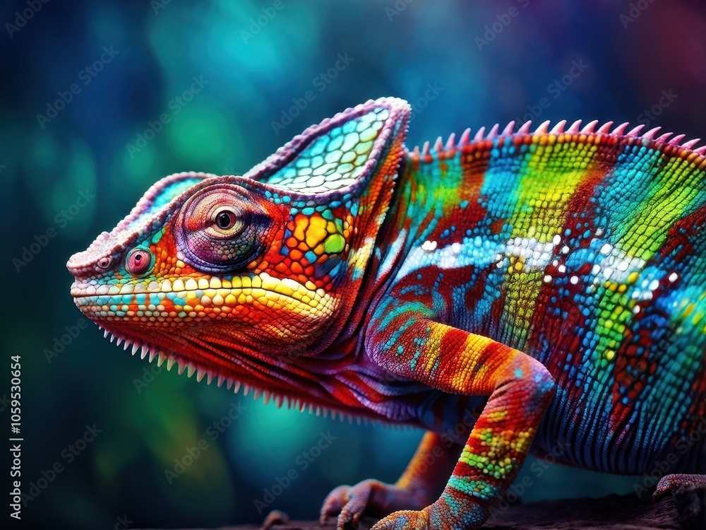 Poster a vibrant chameleon displaying colorful patterns in a natural setting.