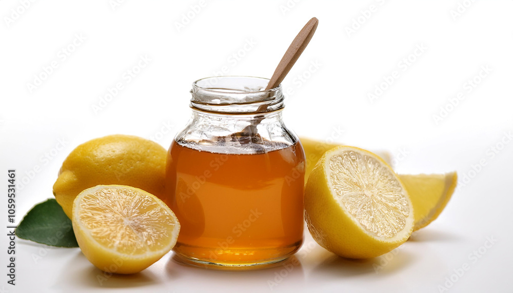 Wall mural A bottle of honey with a small spoon, surrounded by a few slices of lemon, isolated white background