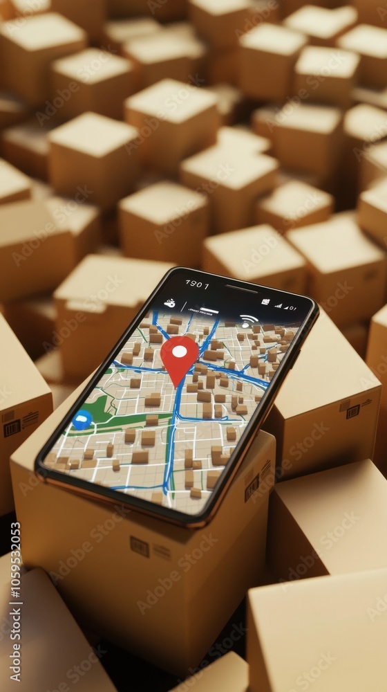 Poster smartphone displaying a map location among scattered cardboard boxes.