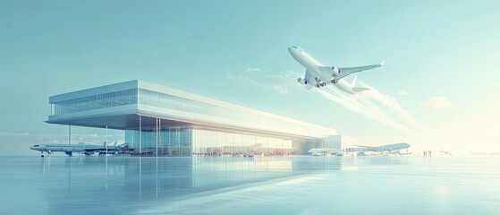 Modern airport terminal with an airplane taking off.