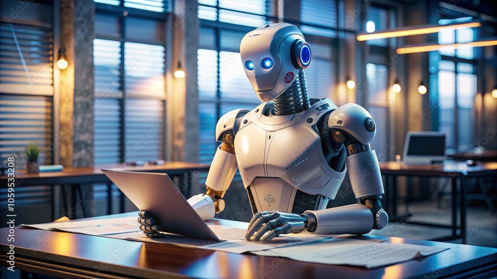 Poster humanoid robot working on documents in modern office setting