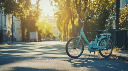 Fototapeta premium Bike and E-Scooter Rental Service in a Sunny Green City Street. Generative AI
