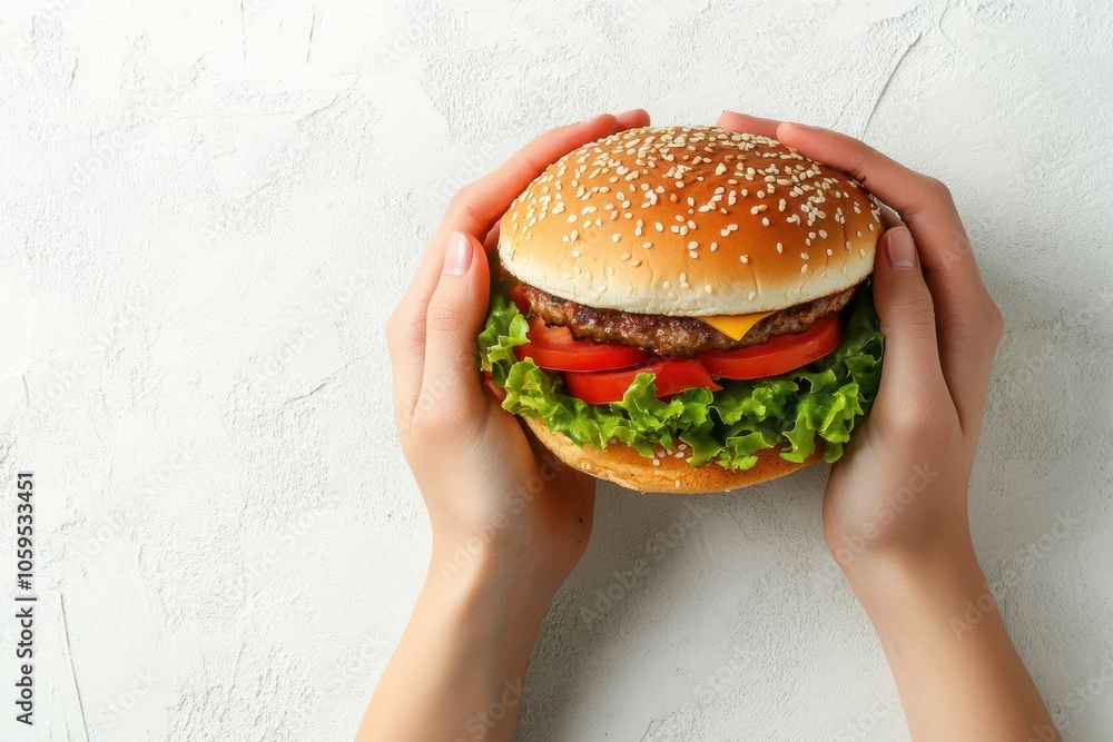 Poster two hands hold a large, appetizing hamburger loaded with lettuce, tomato, and cheese, ready to be en