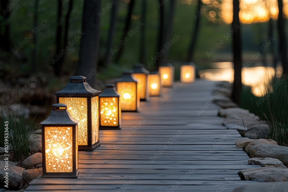 Aufkleber illuminated pathway lined with lanterns in a serene forest setting at dusk.