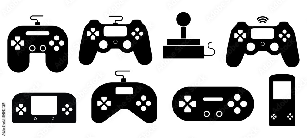 Poster joystick icon set game console silhouette web buttons design modern retro game console icon collecti