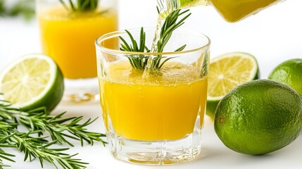 Fototapeta premium pouring fresh juice in glass with lime and rosemary on white bac 