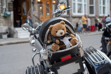 Motorbike parked in the street with toy bear sitting 