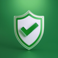 Shield with tick or checkmark symbol on green background. Cybersecurity, insurance, protection
